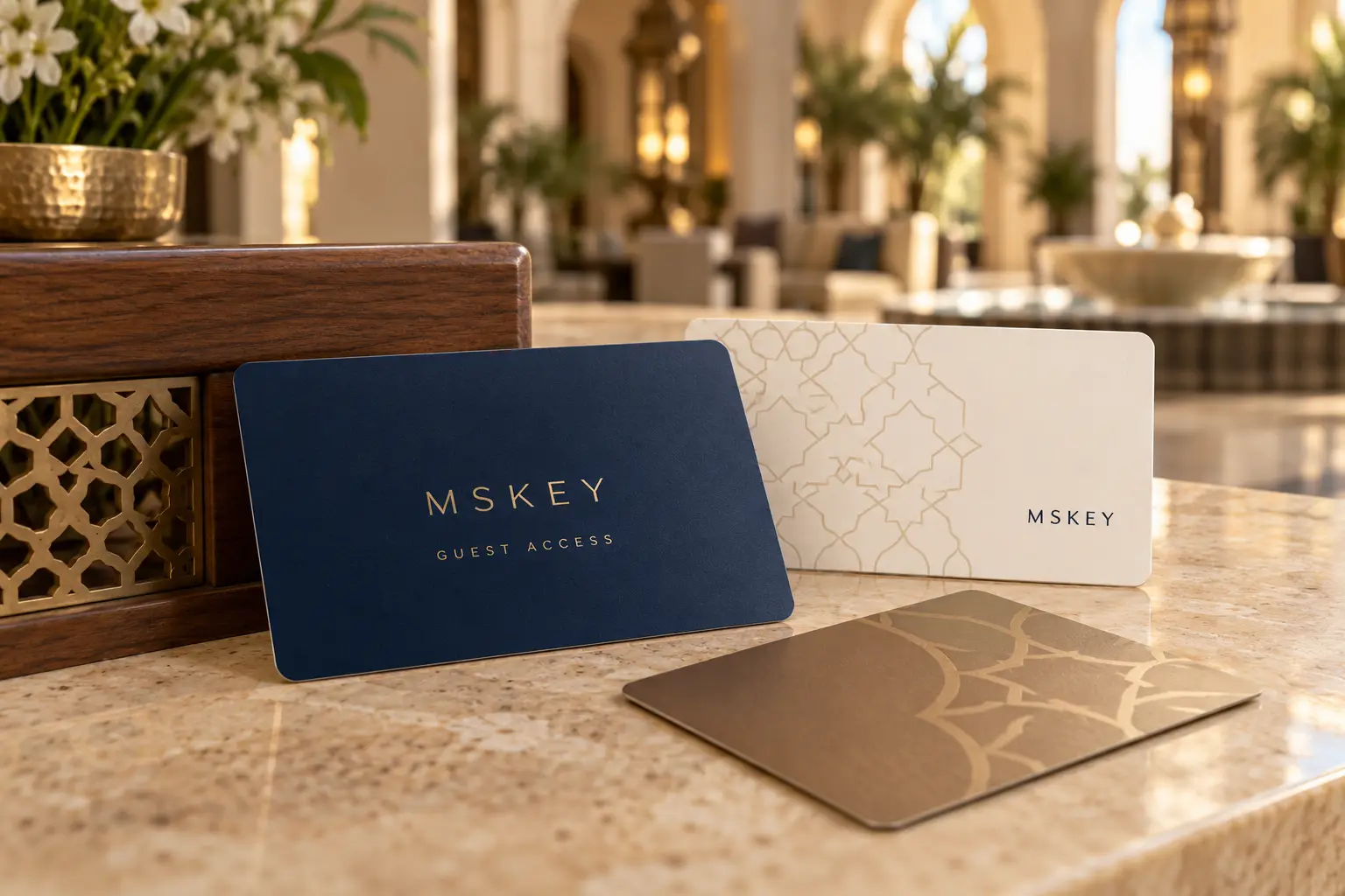 Cartes d’accès hôtelières MSKEY posées sur un comptoir en marbre dans un hall élégant