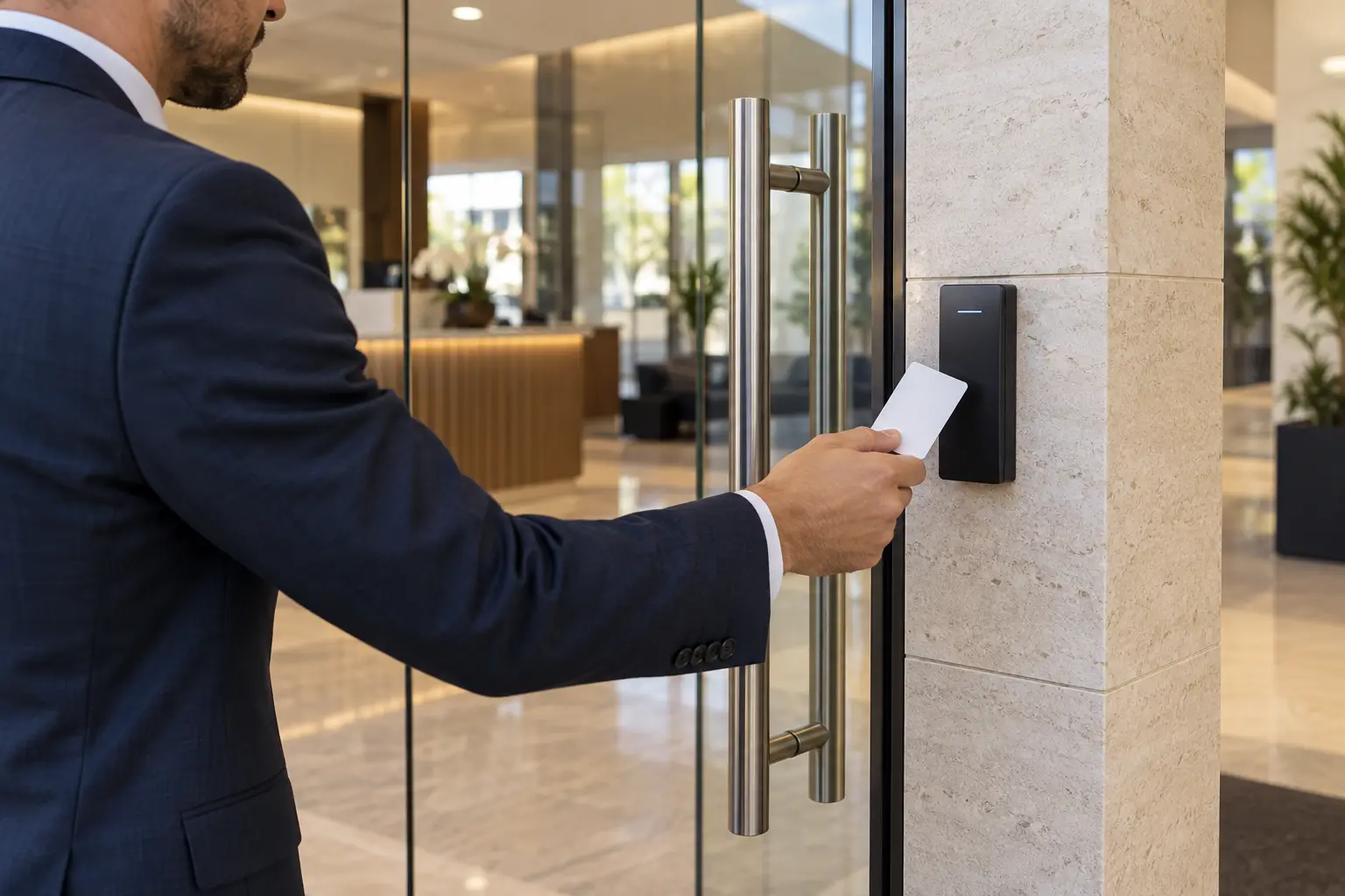 Homme en costume présentant une carte devant un lecteur d’accès dans un hall de réception