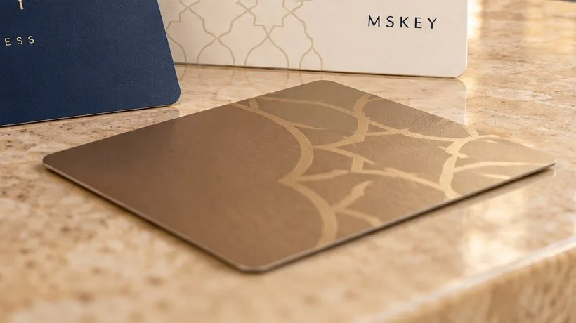 Carte d’accès bronze avec un motif graphique doré et une finition mate