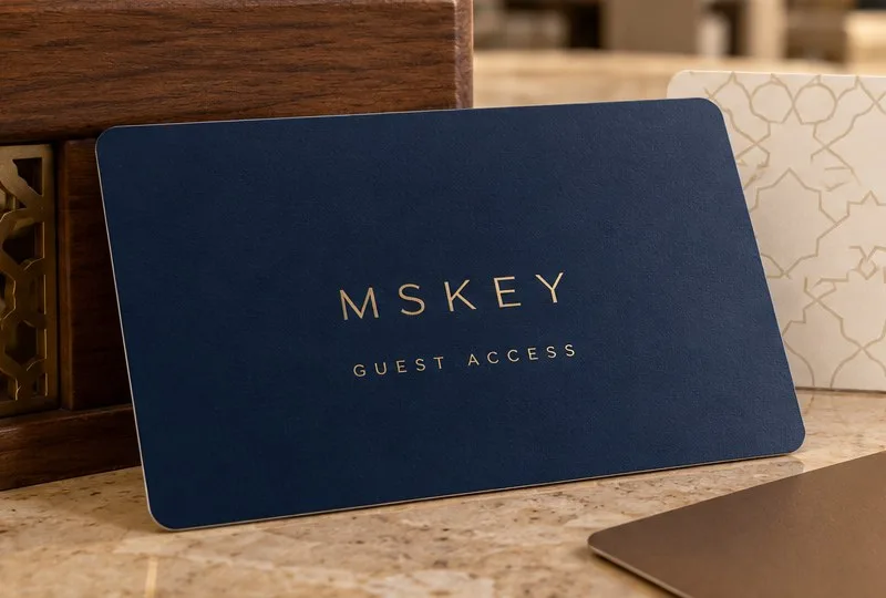 Carte d’accès bleu nuit avec le logo MSKEY doré et la mention Guest Access