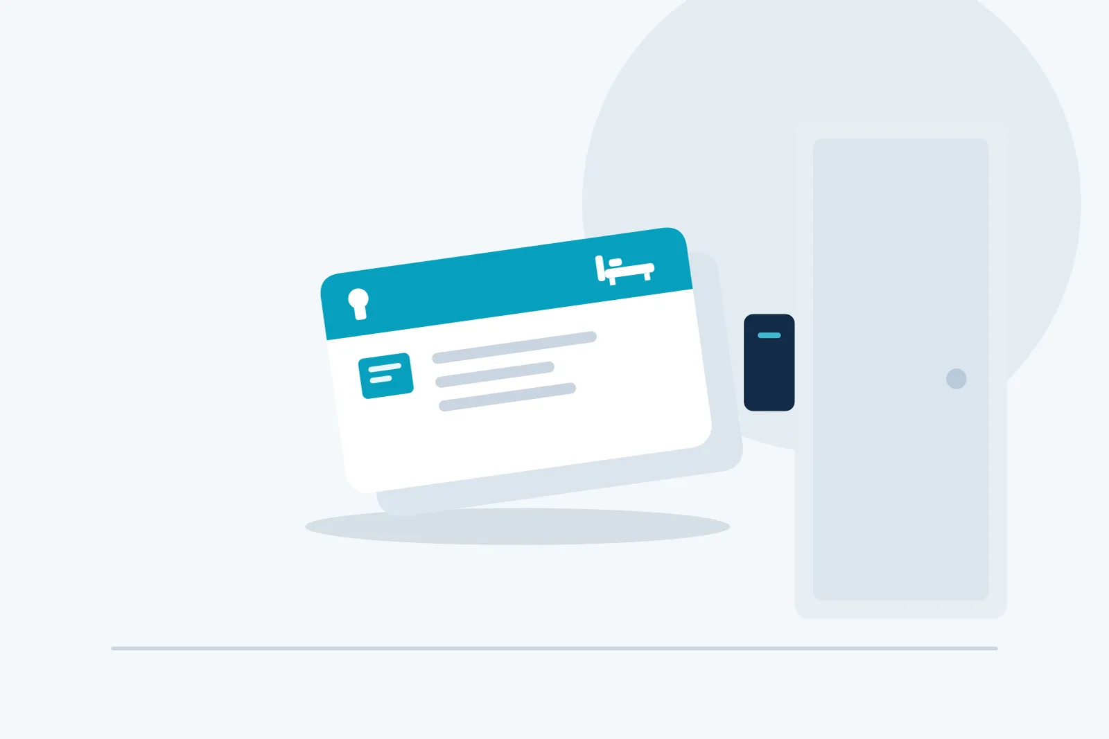 Illustration d’une carte d’accès RFID de chambre, avec puce et pictogrammes, devant une porte équipée d’un lecteur