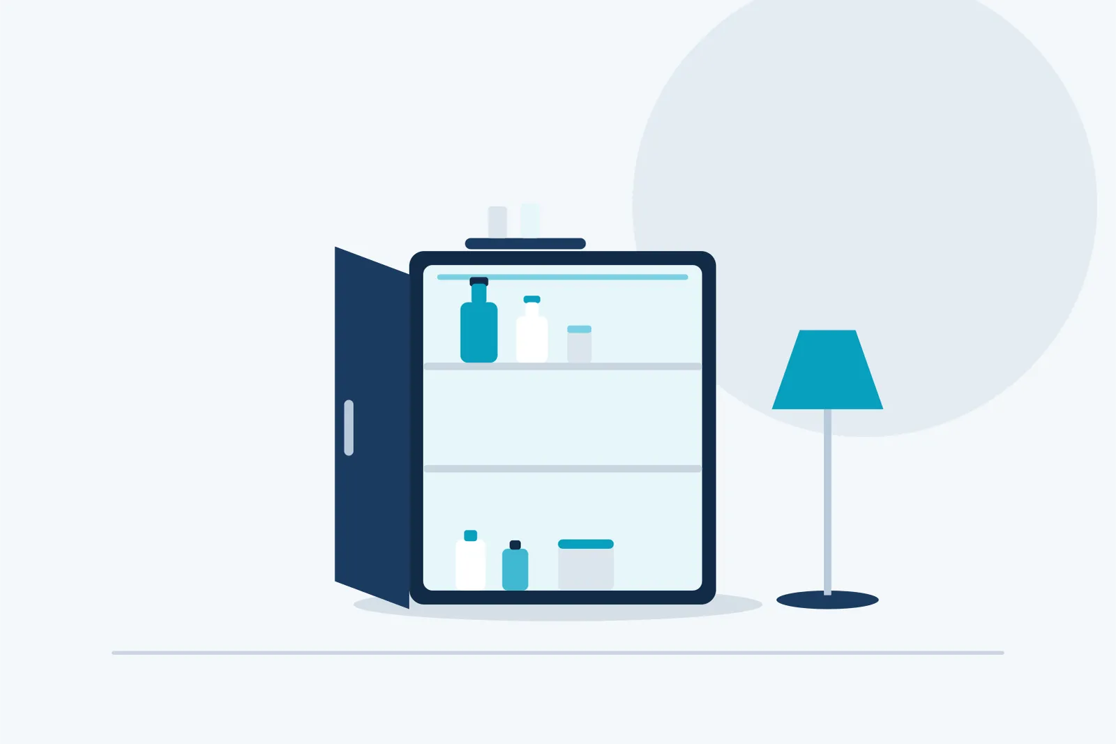 Illustration d’un minibar de chambre entrouvert, avec des boissons sur deux étagères et une lampe